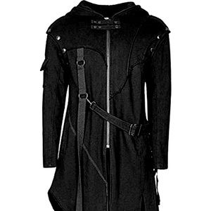 Goth Black Long Anime Buckle Strap Hooded Coat Jacket XL